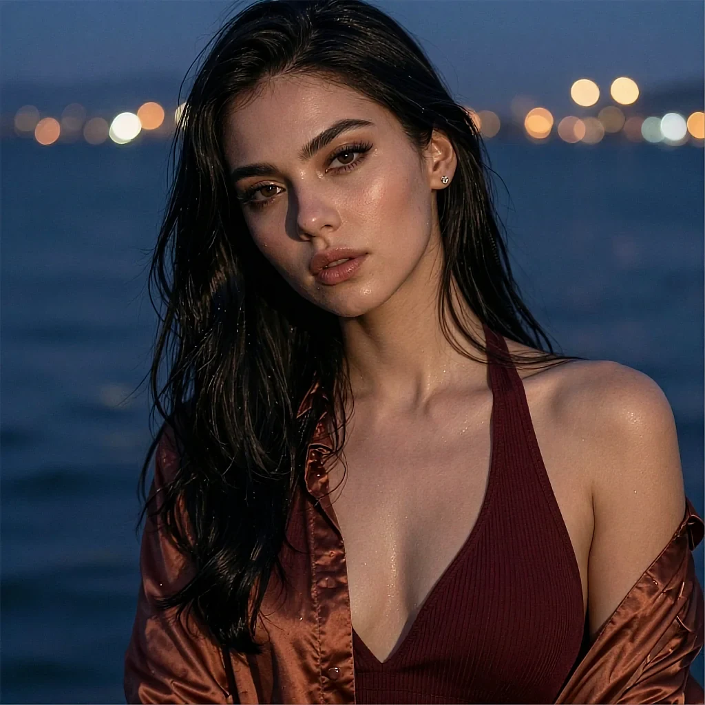 Dark-haired woman with wet hair in burgundy halter top and copper satin jacket at ocean twilight