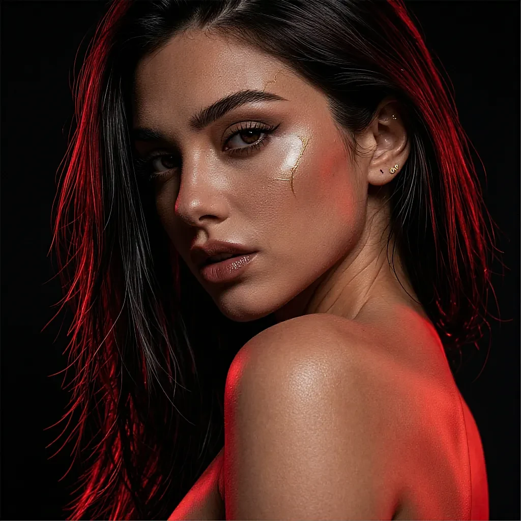 Dark-haired woman with red backlight and gold shimmer on cheek looking over shoulder