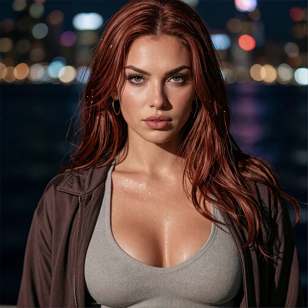 Red-haired woman in grey tank top and brown zip hoodie with city bokeh at night