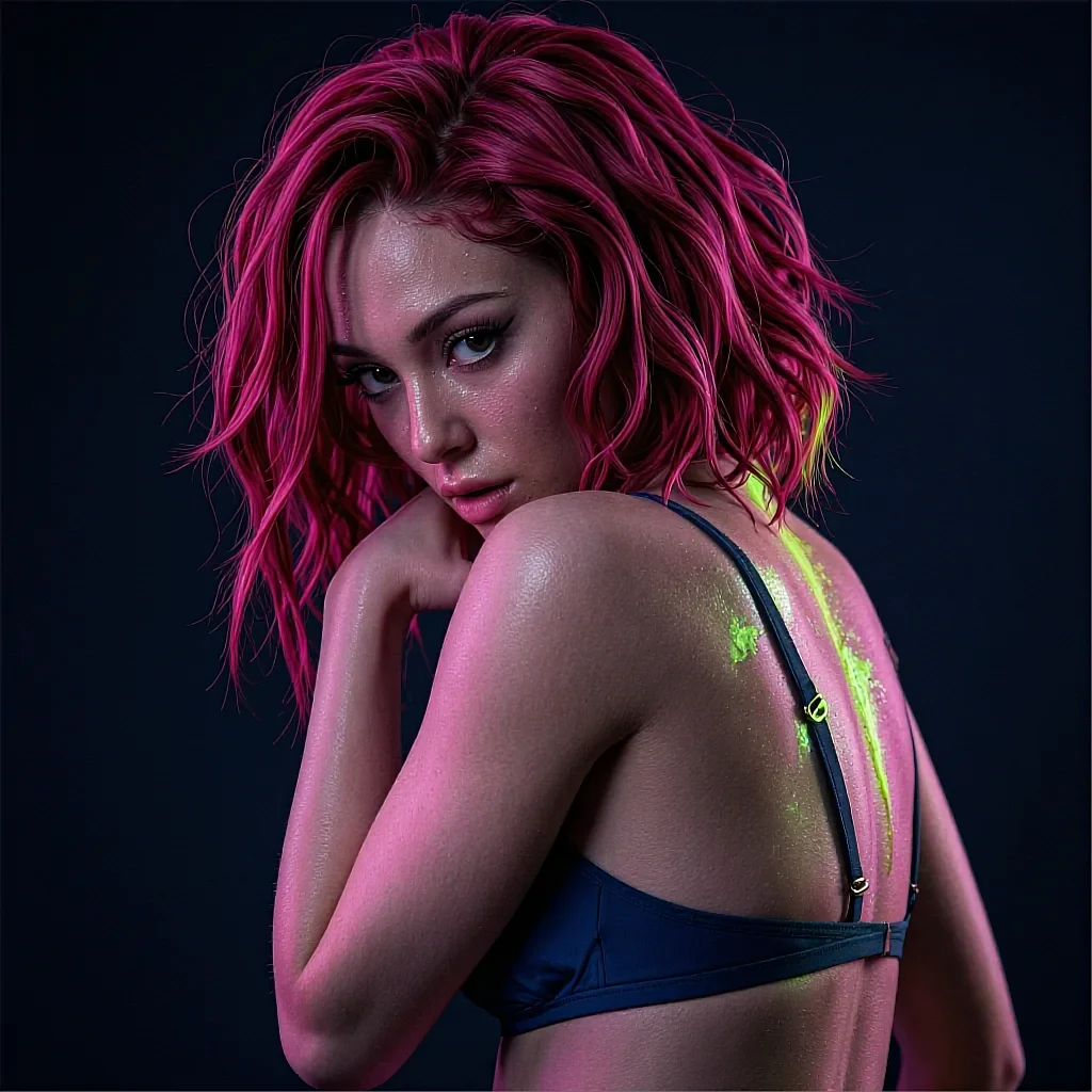 Pink-haired woman with wavy bob in navy sports bra with neon green paint splatter