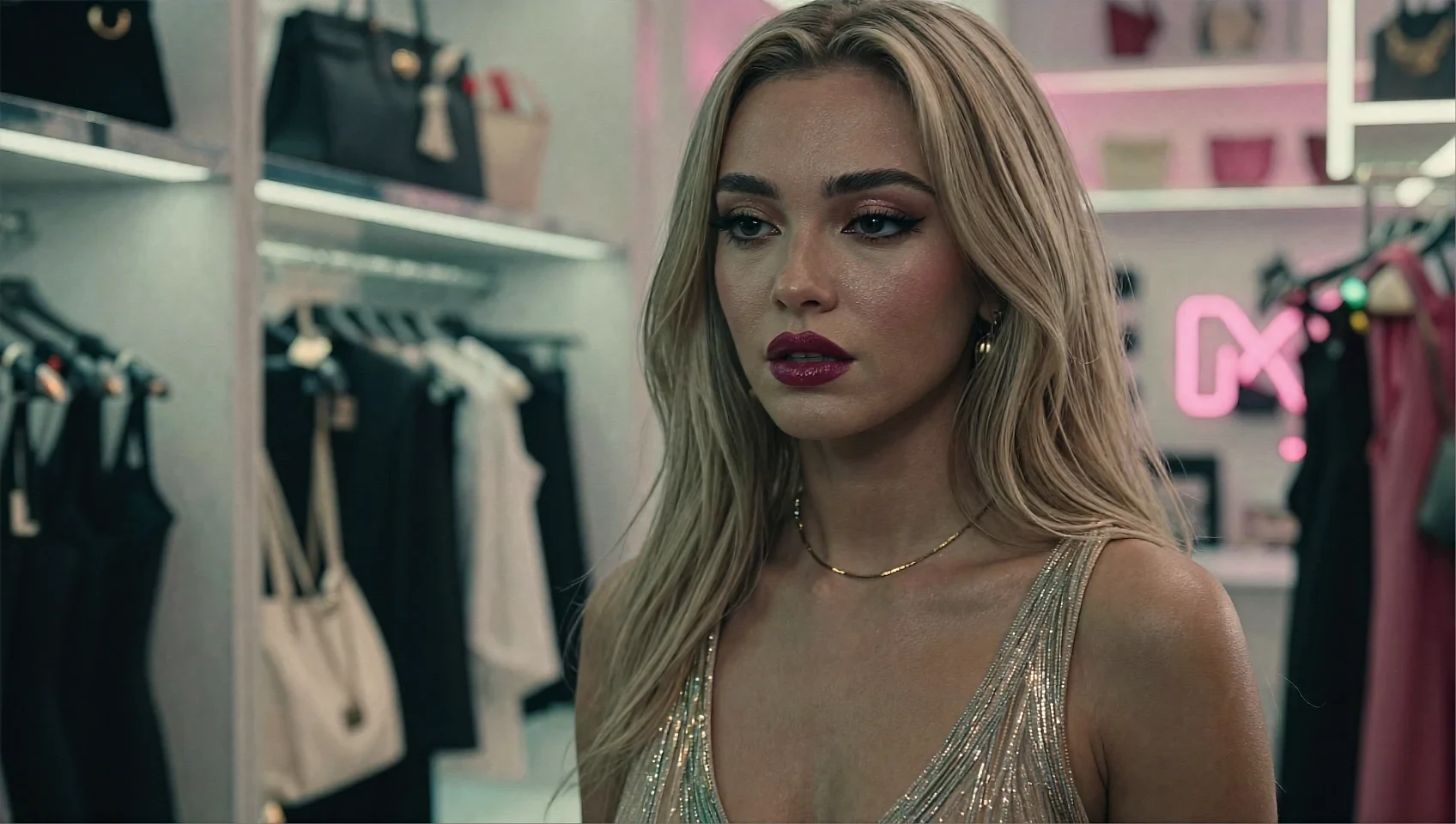 Blonde woman in sparkly gold halter dress with dark lipstick and gold necklace in fashion boutique