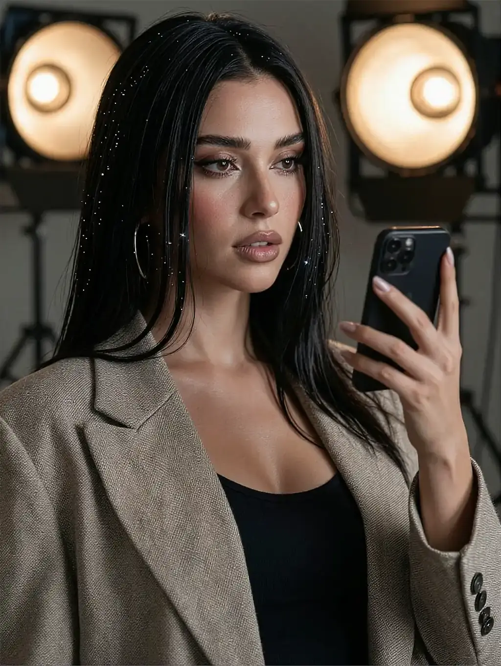 Black-haired woman with glitter in hair wearing beige oversized blazer holding phone in studio