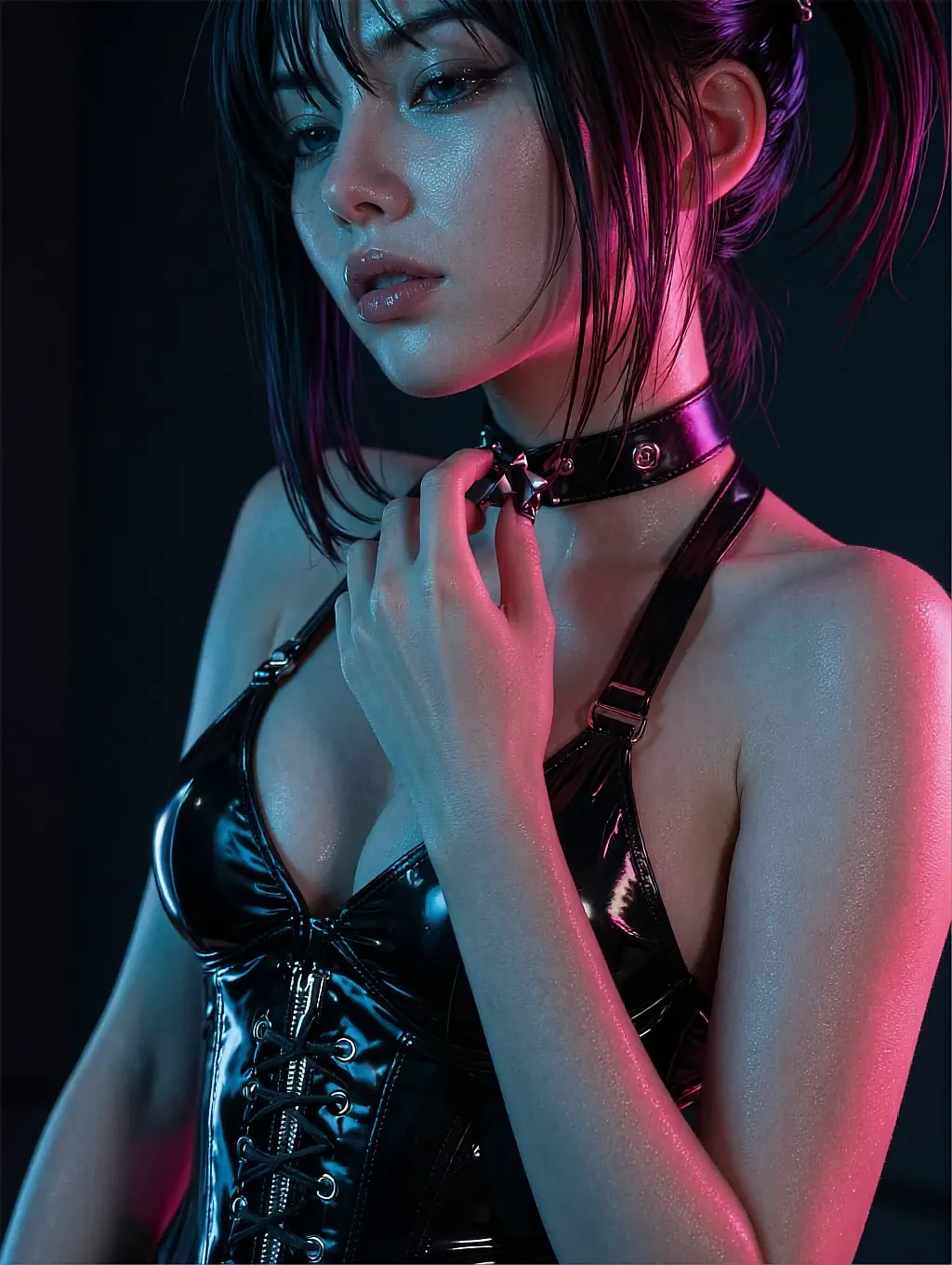 Short dark-haired woman with purple highlights in black PVC lace-up corset with harness choker in neon light