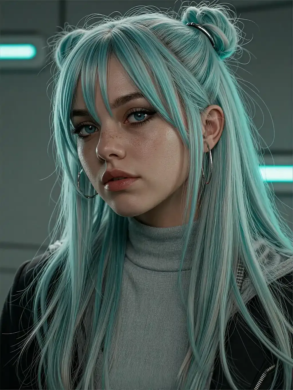 Mint-haired woman with space buns and blue eyes in grey turtleneck with teal-lit background