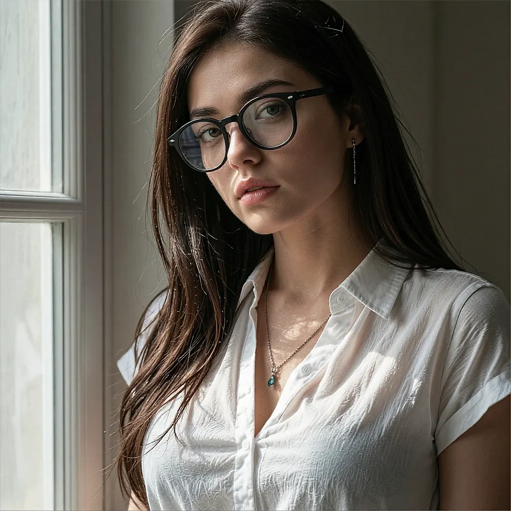 Brown-haired woman with black glasses in white button-down shirt with pendant necklace by window
