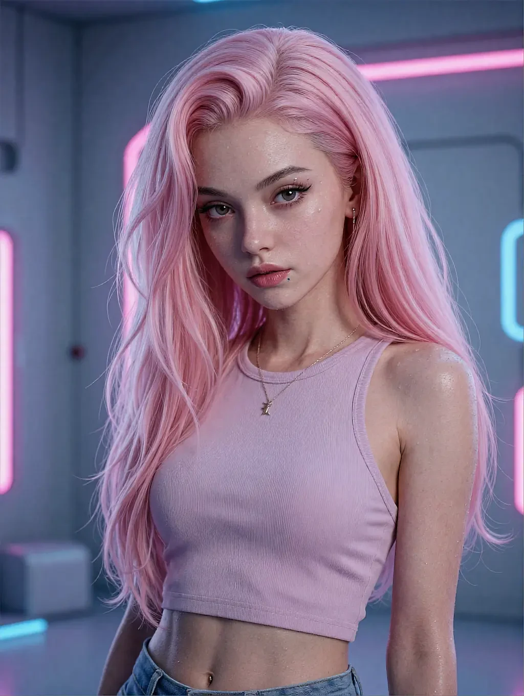 Pink-haired woman with freckles in pink crop tank top with star pendant necklace in neon-lit room