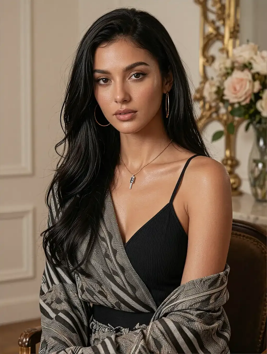 Black-haired woman in black cami with zebra-print kimono robe and gold hoop earrings in ornate room